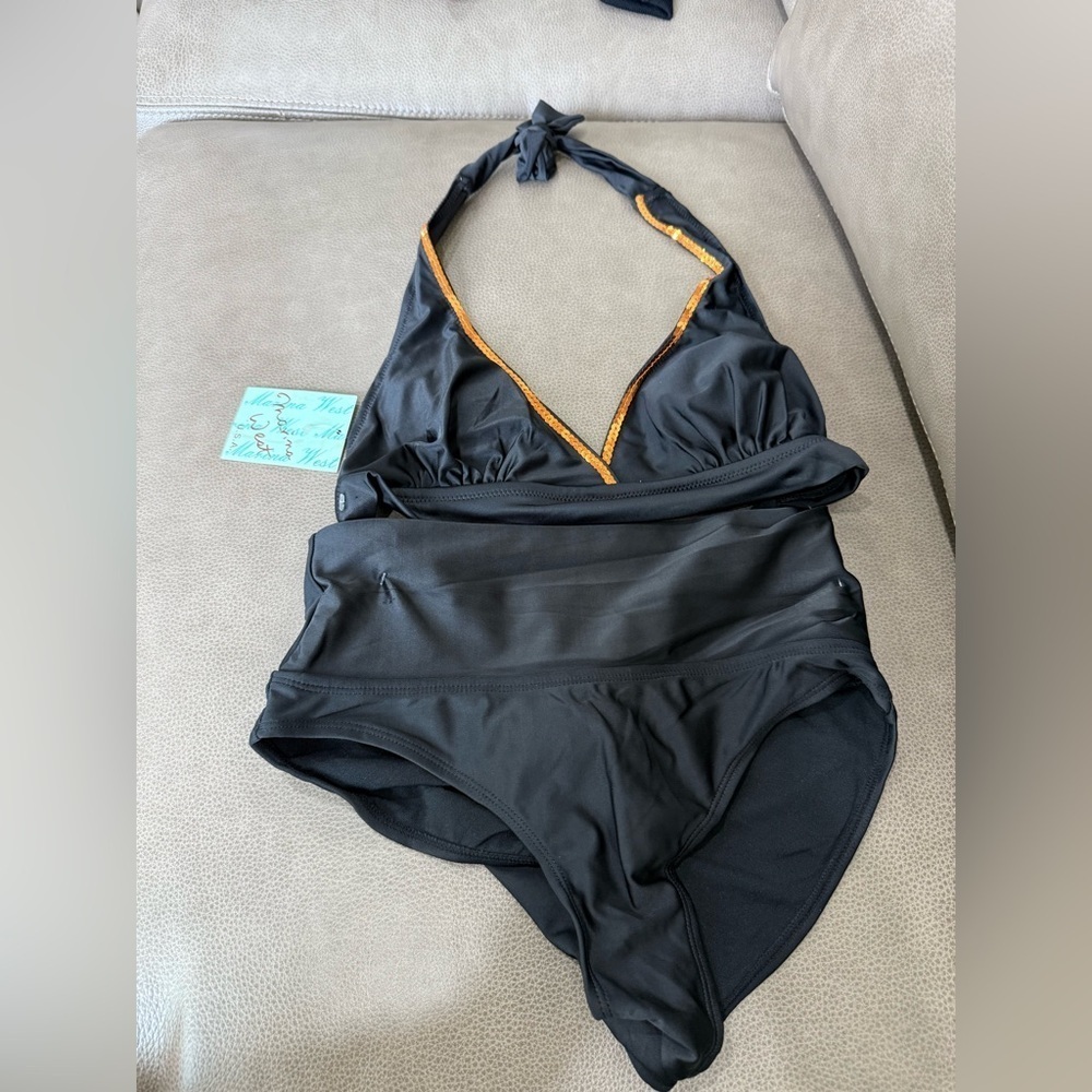 Marina West Black Halter Swimsuit with Orange Trim High Waisted Bottom SizeSmall